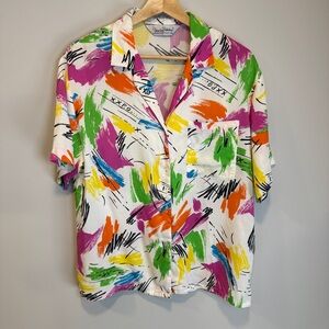 Vintage Diane Von Furstenberg 80s Blouse Colorful Abstract Graffiti Neon Size 14